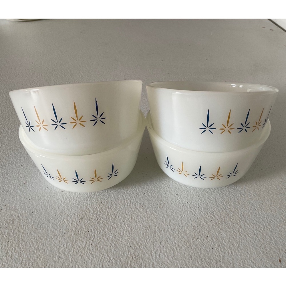Vintage Fire King Atomic Starburst Milk Glass Custard Cups Set of 4 6oz USA